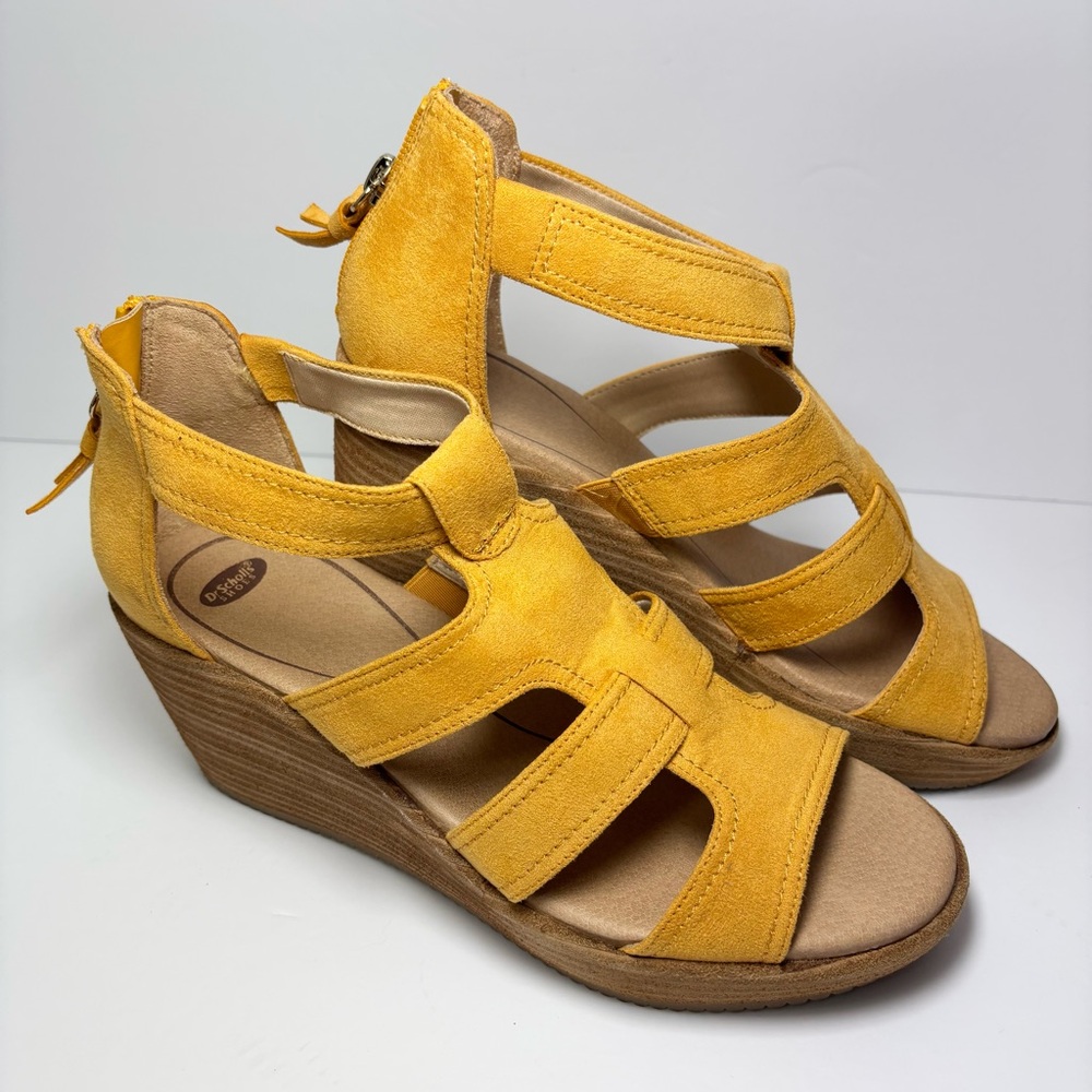 Dr Scholls Suede Wedge Sandal Sz 8.5 M Long Island Yellow Zip Back